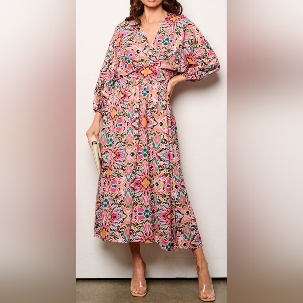WOMENS 3/4 SLEEVELE V-NECK SMOCK WAIST MULTI PRINT MAXI DRESS FUCHSIA SM…